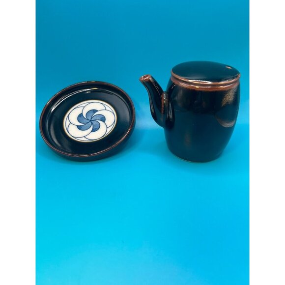Vintage Japanese  Tenmoku glaze  Ceramic Sauce Pot With Lid & Matching Saucer - Picture 6 of 6